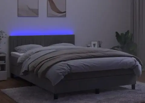 Pat continental cu saltea și LED gri deschis 140x190 cm catifea - 4/5