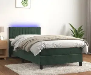 vidaXL Pat cu arcuri, saltea și LED, verde închis, 100x200 cm, catifea