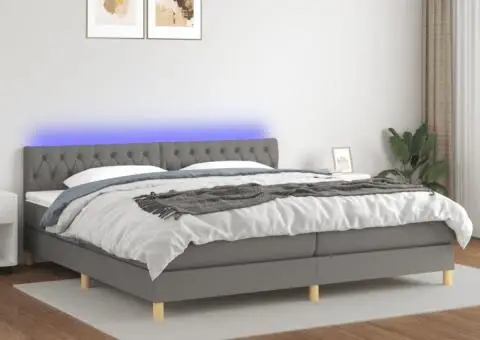 Pat cu arcuri, saltea și LED, gri închis, 200x200 cm, textil - 1/5