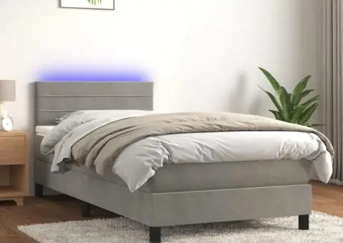 Pat continental cu saltea & LED, gri deschis, 80x200 cm catifea - 1/5