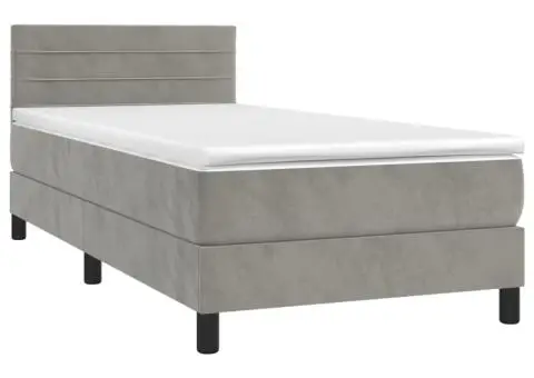 Pat continental cu saltea & LED, gri deschis, 80x200 cm catifea - 3/5