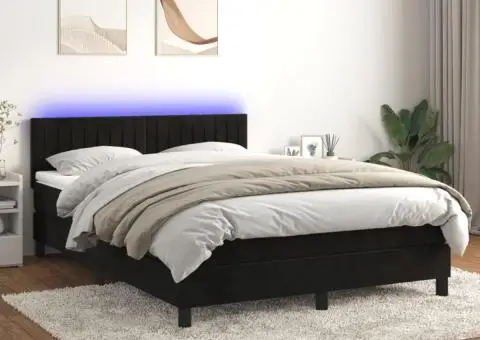 Pat cu arcuri, saltea și LED, negru, 140x200 cm, catifea - 1/5