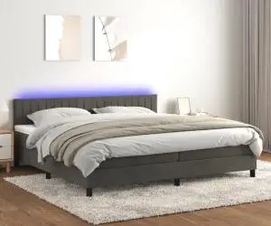 vidaXL Pat cu arcuri, saltea și LED, gri închis, 200x200 cm, catifea