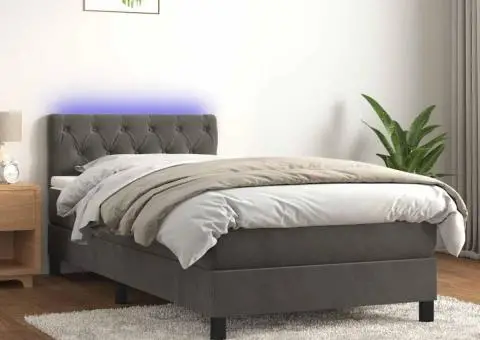 Pat continental cu saltea și LED, gri închis, 80x200 cm catifea - 1/4