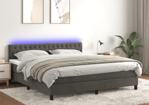 Pat cu arcuri, saltea și LED, gri închis, 160x200 cm, catifea - 1/5
