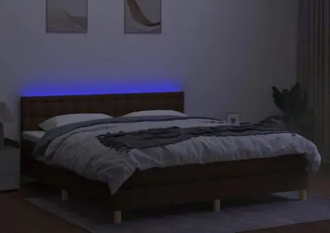 Pat cu arcuri, saltea și LED, maro închis, 160x200 cm, textil - 4/5