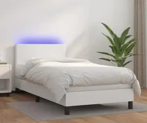 vidaXL Pat cu arcuri, saltea și LED, alb, 100x200 cm, piele ecologică