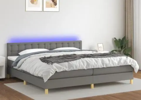 Pat cu arcuri, saltea și LED, gri închis, 200x200 cm, textil - 1/5