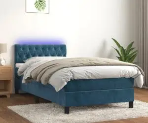 vidaXL Pat cu arcuri, saltea și LED, bleumarin, 90x200 cm, catifea
