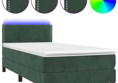 Pat cu arcuri, saltea și LED, verde închis, 100x200 cm, catifea - 2/5