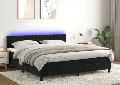 Pat cu arcuri, saltea și LED, negru, 180x200 cm, catifea - 1/5