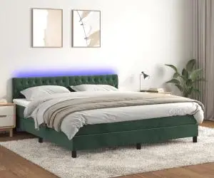 vidaXL Pat cu arcuri, saltea și LED, verde închis, 180x200 cm, catifea