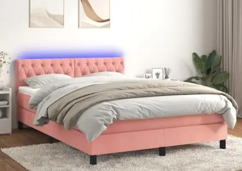 Pat cu arcuri, cu saltea și LED, roz, 140x190 cm catifea - 1/5