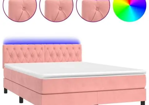 Pat cu arcuri, cu saltea și LED, roz, 140x190 cm catifea - 2/5