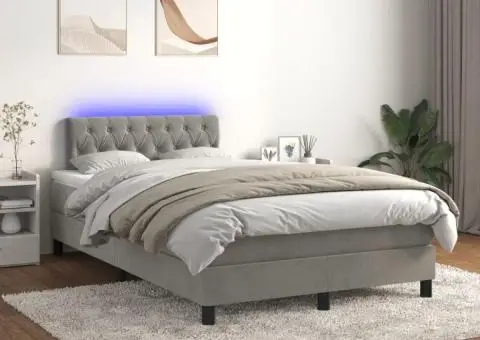 Pat cu arcuri, saltea și LED, gri deschis, 120x200 cm, catifea - 1/5