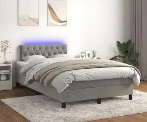 vidaXL Pat cu arcuri, saltea și LED, gri deschis, 120x200 cm, catifea