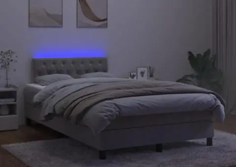 Pat cu arcuri, saltea și LED, gri deschis, 120x200 cm, catifea - 4/5