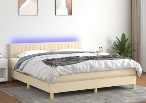 Pat cu arcuri, saltea și LED, crem, 180x200 cm, textil - 1/5