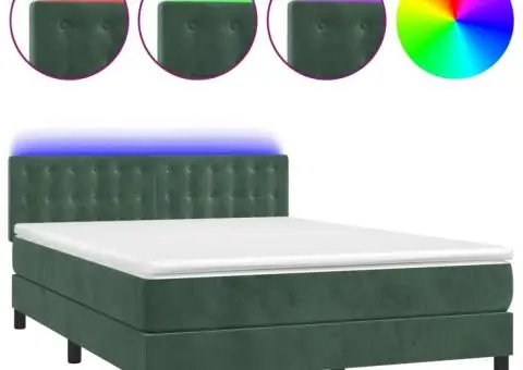 Pat cu arcuri, saltea și LED, verde închis, 140x190 cm, catifea - 2/5