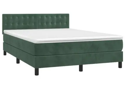 Pat cu arcuri, saltea și LED, verde închis, 140x190 cm, catifea - 3/5