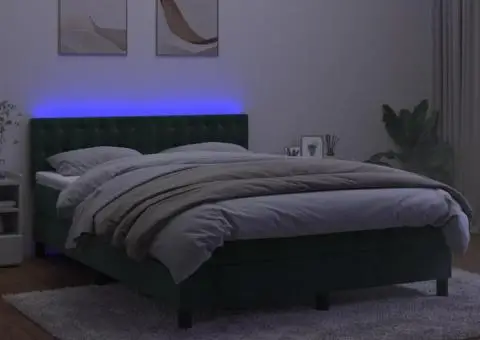 Pat cu arcuri, saltea și LED, verde închis, 140x190 cm, catifea - 4/5