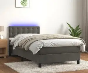 vidaXL Pat cu arcuri, saltea și LED, gri închis, 90x190 cm, catifea