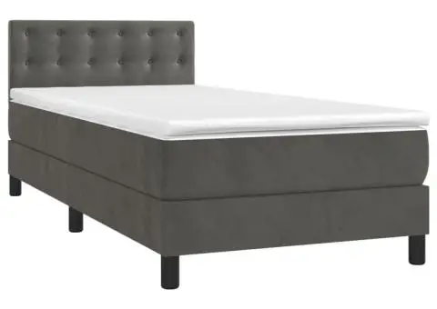 Pat cu arcuri, saltea și LED, gri închis, 90x190 cm, catifea - 3/5