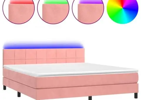 Pat cu arcuri, saltea & LED, roz, 180x200 cm, catifea - 2/5