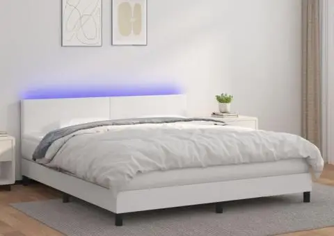 Pat cu arcuri, saltea și LED, alb, 160x200 cm, piele ecologică - 1/5