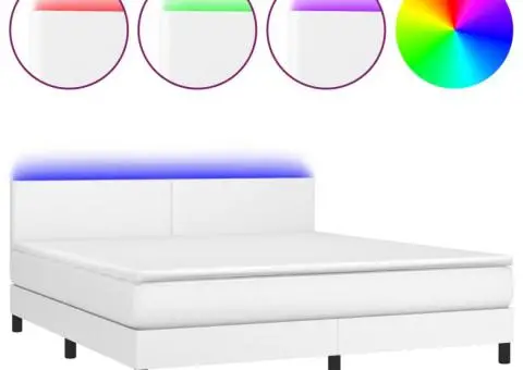 Pat cu arcuri, saltea și LED, alb, 160x200 cm, piele ecologică - 2/5