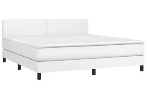 Pat cu arcuri, saltea și LED, alb, 160x200 cm, piele ecologică - 3/5