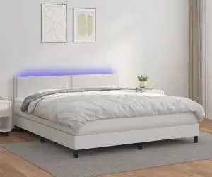 vidaXL Pat cu arcuri, saltea și LED, alb, 180x200 cm, piele ecologică