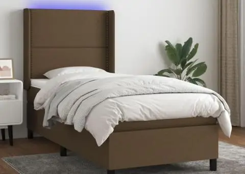 Pat cu arcuri, saltea și LED, maro închis, 90x190 cm, textil - 1/5