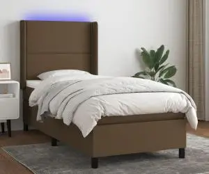 vidaXL Pat cu arcuri, saltea și LED, maro închis, 90x190 cm, textil