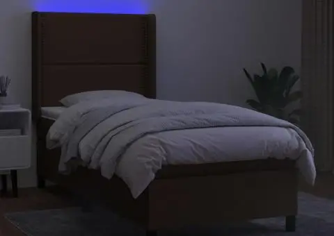 Pat cu arcuri, saltea și LED, maro închis, 90x190 cm, textil - 3/5