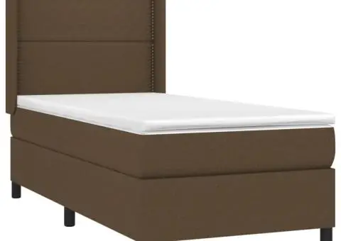 Pat cu arcuri, saltea și LED, maro închis, 90x190 cm, textil - 4/5