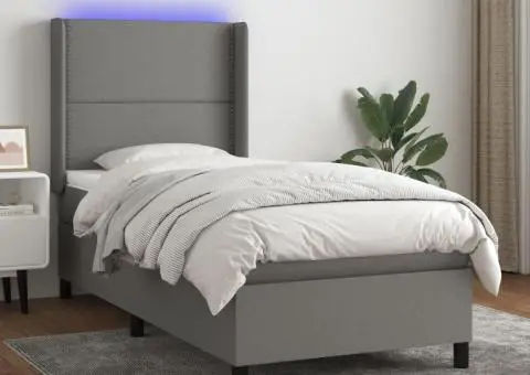 Pat cu arcuri, saltea și LED, gri închis, 80x200 cm, textil - 1/5