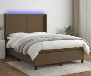 vidaXL Pat cu arcuri, saltea și LED, maro închis, 140x190 cm, textil