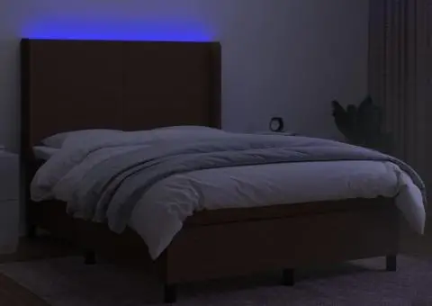 Pat cu arcuri, saltea și LED, maro închis, 140x190 cm, textil - 3/5