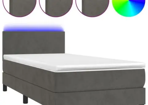 Pat cu arcuri, saltea și LED, gri închis, 100x200 cm, catifea - 2/5