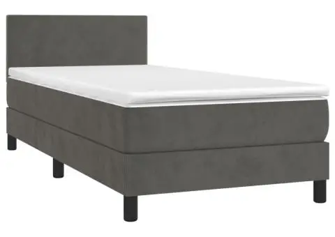 Pat cu arcuri, saltea și LED, gri închis, 100x200 cm, catifea - 3/5