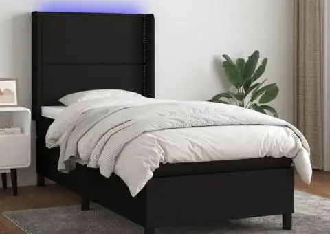 Pat cu arcuri, saltea și LED, negru, 90x190 cm, textil - 1/5