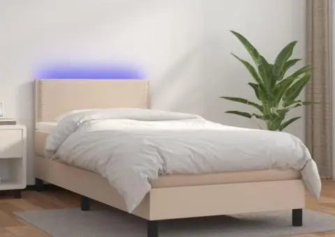 Pat cu arcuri, cu saltea și LED cappuccino 100x200 cm piele eco - 1/5