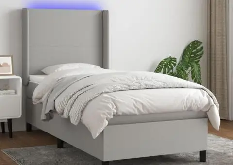 Pat cu arcuri, saltea și LED, gri deschis, 90x200 cm, textil - 1/5