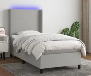vidaXL Pat cu arcuri, saltea și LED, gri deschis, 100x200 cm, textil