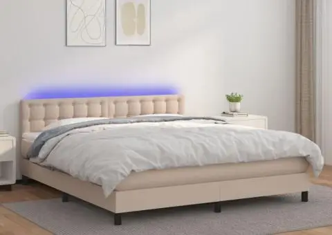 Pat cu arcuri, cu saltea și LED cappuccino 180x200 cm piele eco - 1/5