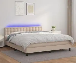 vidaXL Pat cu arcuri, cu saltea și LED cappuccino 180x200 cm piele eco