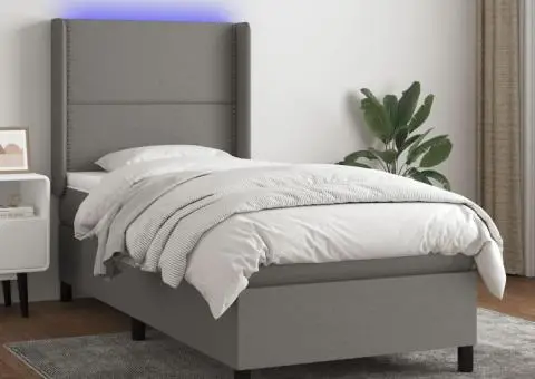 Pat cu arcuri, saltea și LED, gri închis, 100x200 cm, textil - 1/5