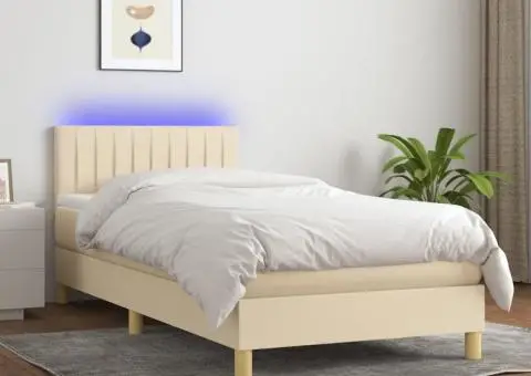 Pat cu arcuri, saltea și LED, crem, 100x200 cm, textil - 1/5