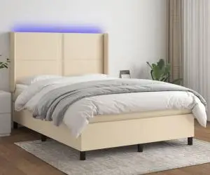 vidaXL Pat cu arcuri, saltea și LED, crem, 140x200 cm, textil